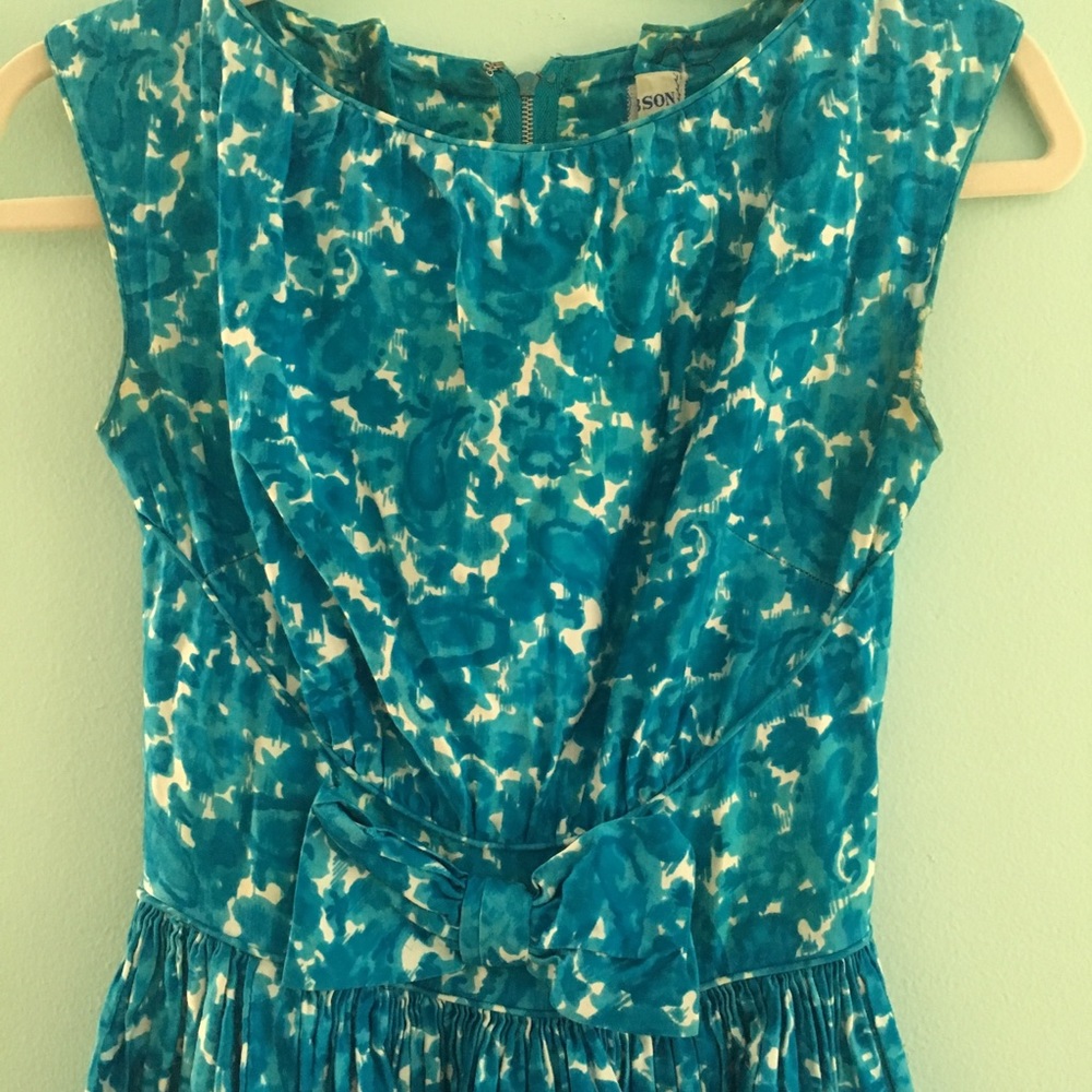 50s teal floral abstract soft gay gibson dress